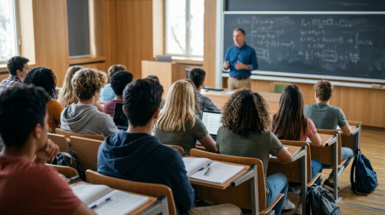 College classroom setting with teenage students attending a lecture by a teacher.
